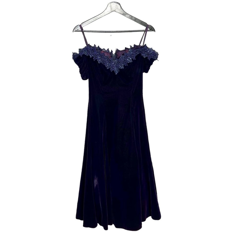 Vintage 90s Deep Purple Velvet Off Shoulder Midi Dress 8